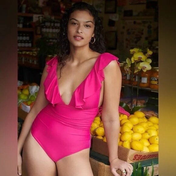 J. Crew Women's Ruched Ruffle One Piece Swimsuit Magenta Pink Size 20 NWT - Picture 5 of 5